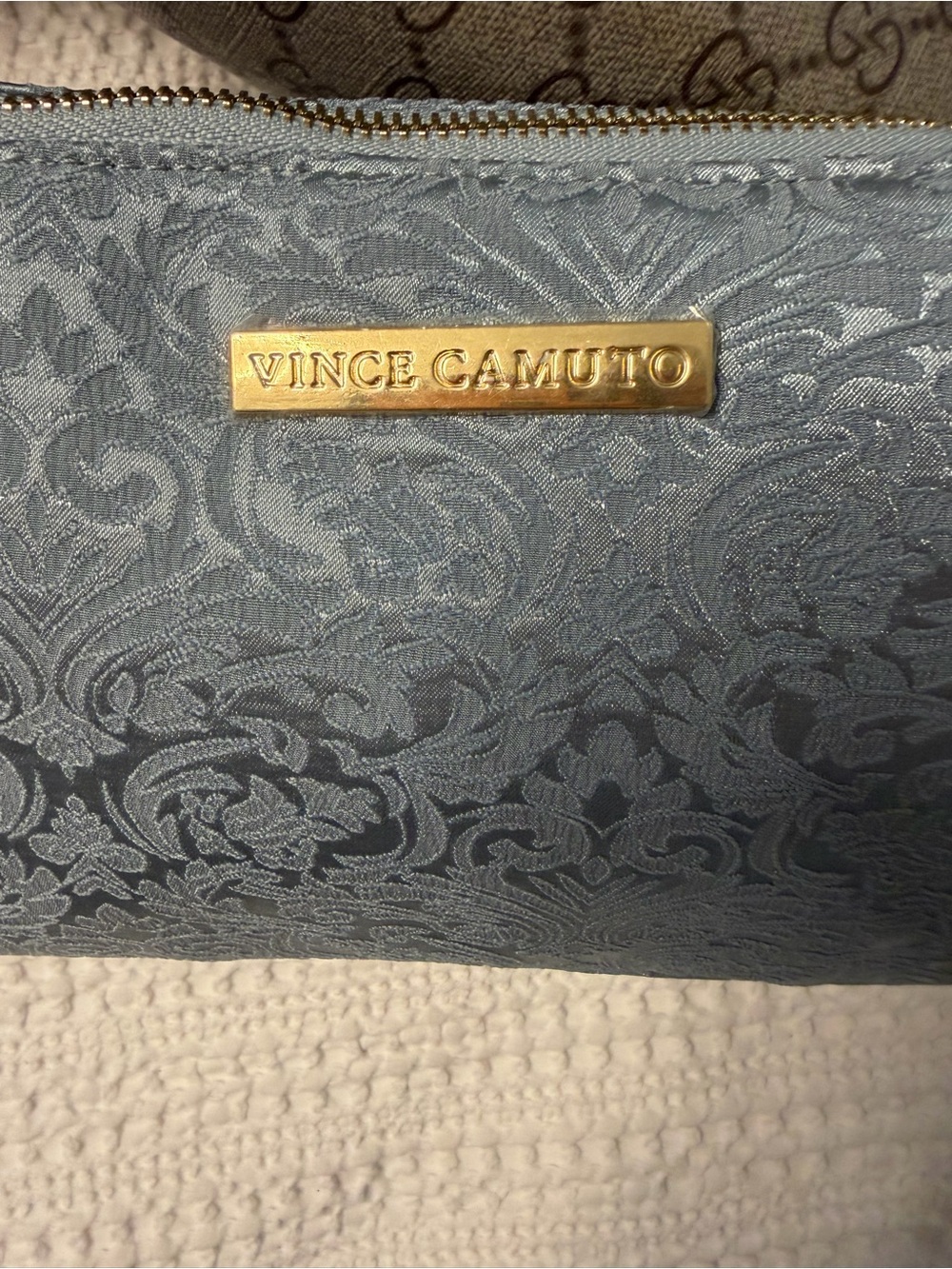 Vince Camuto Steel Blue Brocade Cosmetic Pouch with Gold Plaque